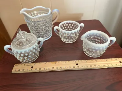 White Opalescent Hobnail Glass Cream and Sugar Serving Set – 4 Pieces