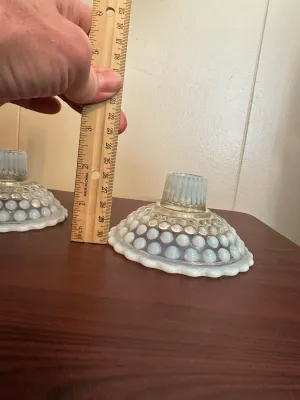 Pair of White Opalescent Hobnail Glass Candleholders