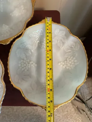 White Milk Glass Grape & Vine Serving Dishes with Gold Trim – 3 Pieces