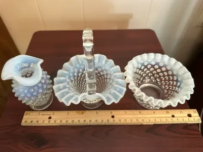 White Opalescent Hobnail Glass Basket, Vase & Bowl – 3 Pieces
