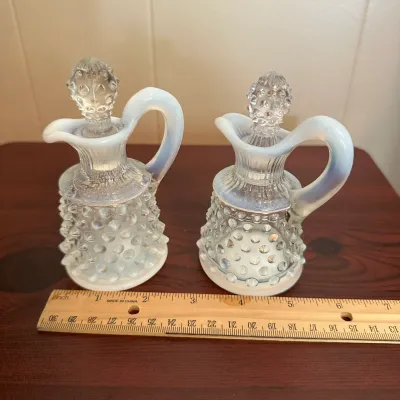 Pair of White Opalescent Hobnail Glass Cruets with Stoppers