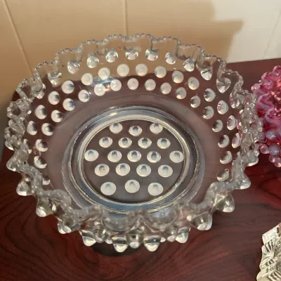 White Opalescent & Pink Hobnail Glass Bowls and Toothpick Holder – 3-Piece Lot