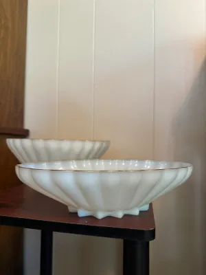 White Milk Glass Footed Serving Bowls with Gold Trim – 2 Pieces