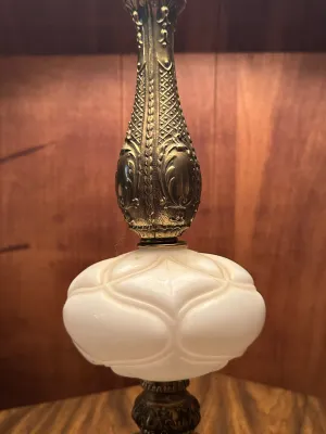 Ornate Gold-Tone & White Table Lamp with Beaded Fringe Shade (A Den)