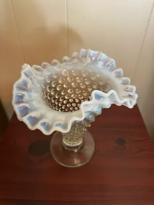 White Opalescent Hobnail Glass Trumpet Vase with Ruffled Rim