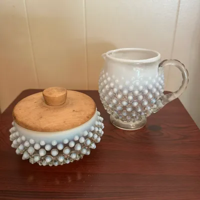 White Opalescent Hobnail Glass Pitcher & Jar with Wooden Lid