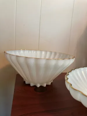 White Milk Glass Footed Serving Bowls with Gold Trim – 2 Pieces