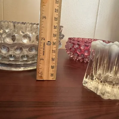 White Opalescent & Pink Hobnail Glass Bowls and Toothpick Holder – 3-Piece Lot