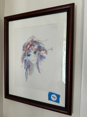 Signed Watercolor-Style Portrait of a Woman – Framed Artwork