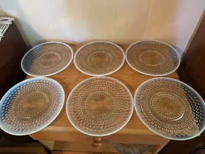 White Opalescent Hobnail Glass Plates – Set of 6