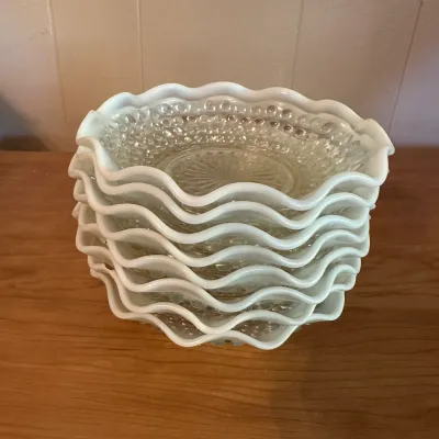 Anchor Hocking Moonstone White Opalescent Ruffled Bowls – Lot of 8