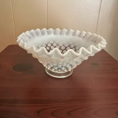 White Opalescent Hobnail Glass Pedestal Bowl with Ruffled Rim