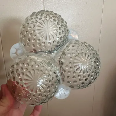 White Opalescent Hobnail Glass Divided Serving Dish & Vase – 2-Piece Lot