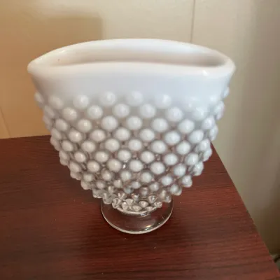 White Opalescent Hobnail Glass Divided Serving Dish & Vase – 2-Piece Lot