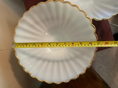 White Milk Glass Footed Serving Bowls with Gold Trim – 2 Pieces
