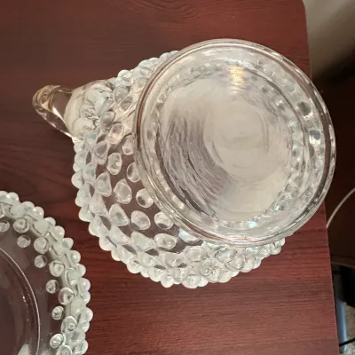 White Opalescent Hobnail Glass Pitcher & Jar with Wooden Lid