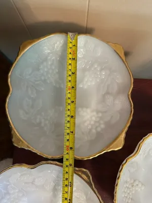 White Milk Glass Grape & Vine Serving Dishes with Gold Trim – 3 Pieces