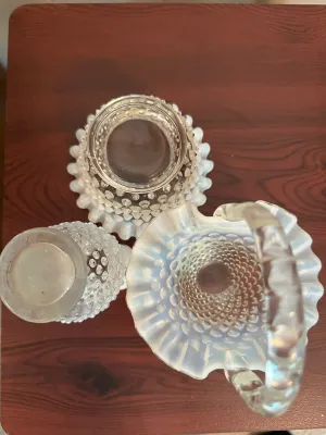 White Opalescent Hobnail Glass Basket, Vase & Bowl – 3 Pieces