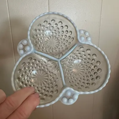 White Opalescent Hobnail Glass Divided Serving Dish & Vase – 2-Piece Lot