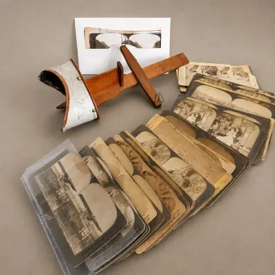 ANTIQUE STEREOSCOPE WITH 3D PHOTOS