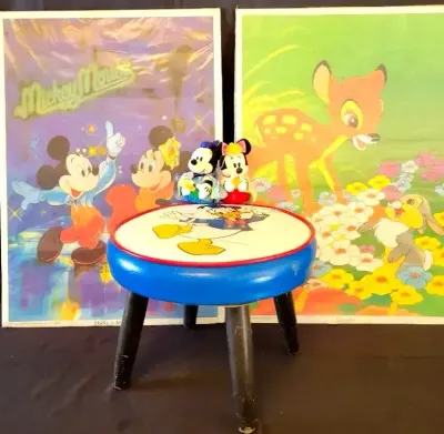 VINTAGE DONALD DUCK CHILD'S FOOTSTOOL, BAMBI PRINT AND MORE 