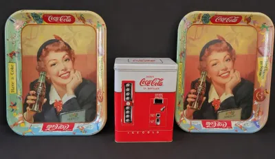 VINTAGE COCA COLA METAL SERVING TRAYS AND COCA COLA DECORATIVE TIN 