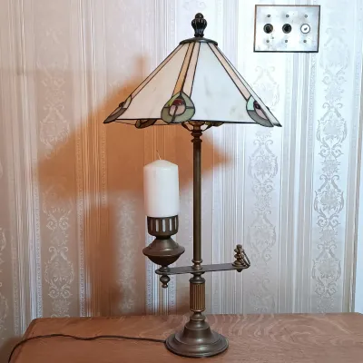 LOT 145: Refurbished Electrified Student Lamp with Tiffany-Style Stained Glass Lamp Shade
