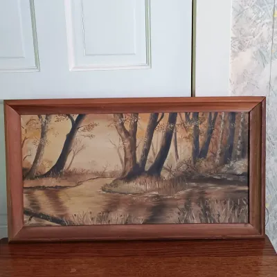 LOT 140: Antique Adjustable Bedside Table with Brass Lamp, R. Keyes Signed Oil Painting & T.C. Chin Signed Watercolor