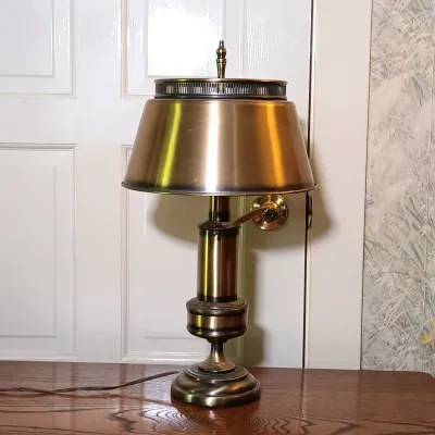 LOT 140: Antique Adjustable Bedside Table with Brass Lamp, R. Keyes Signed Oil Painting & T.C. Chin Signed Watercolor