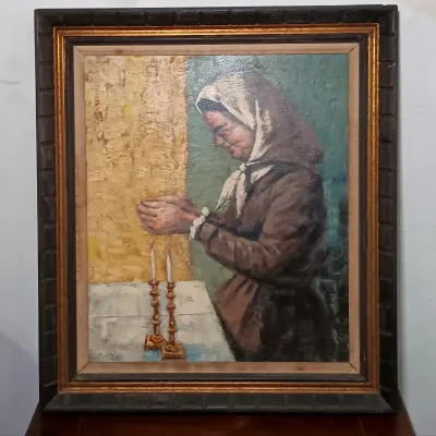LOT 23: Breslav Signed Oil Painting of a Woman Praying