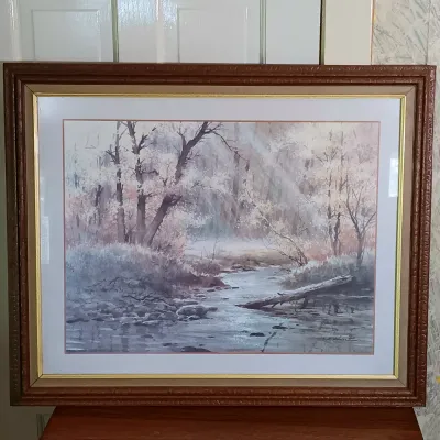 LOT 140: Antique Adjustable Bedside Table with Brass Lamp, R. Keyes Signed Oil Painting & T.C. Chin Signed Watercolor