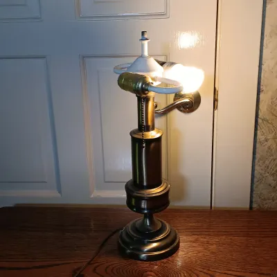 LOT 140: Antique Adjustable Bedside Table with Brass Lamp, R. Keyes Signed Oil Painting & T.C. Chin Signed Watercolor