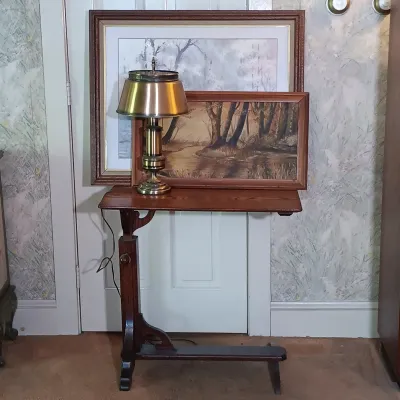 LOT 140: Antique Adjustable Bedside Table with Brass Lamp, R. Keyes Signed Oil Painting & T.C. Chin Signed Watercolor