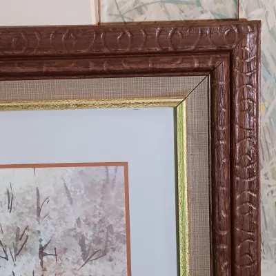 LOT 140: Antique Adjustable Bedside Table with Brass Lamp, R. Keyes Signed Oil Painting & T.C. Chin Signed Watercolor