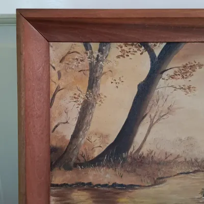 LOT 140: Antique Adjustable Bedside Table with Brass Lamp, R. Keyes Signed Oil Painting & T.C. Chin Signed Watercolor