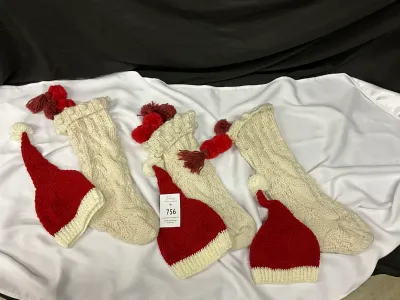 Three, Hand Knit Stockings & Hats