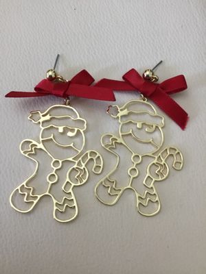 Darling gingerbread, cut out Gold tone, red bowl, ribbon statement, earrings