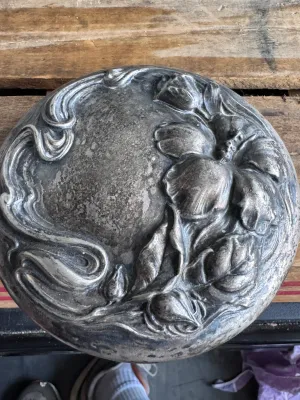 Antique Art Nouveau Cut Glass Jar with Repousse Metal Lid