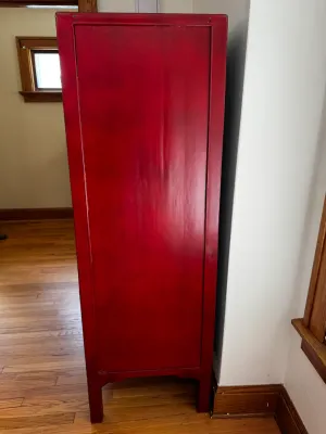 Antique Chinese Red Lacquer Wedding Cabinet with Brass Hardware