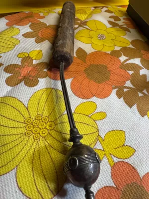 Antique Hand-Carved Wooden Handle Metal Ball Tapestry or Rug Beater