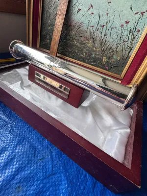 Vintage Silver-Plated Kaleidoscope with Wooden Display Case & Stand