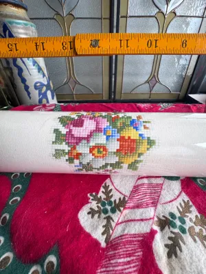 Vintage Ceramic Rolling Pin with Cross-Stitch Floral Pattern