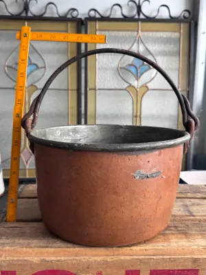 Antique Hand-Hammered Copper Cauldron with Iron Swing Handle