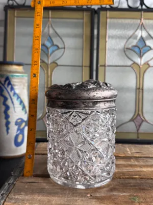 Antique Art Nouveau Cut Glass Jar with Repousse Metal Lid