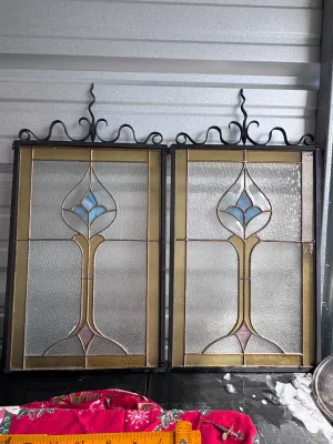Pair of Art Nouveau Style Stained Glass Window Panels