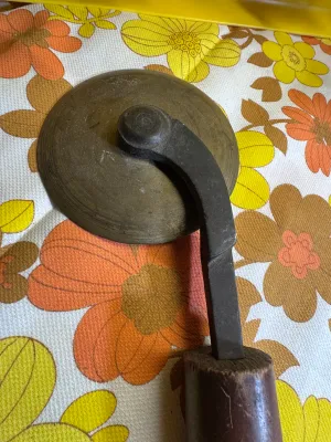 Antique Brass and Iron Pastry Cutter with Turned Wood Handle