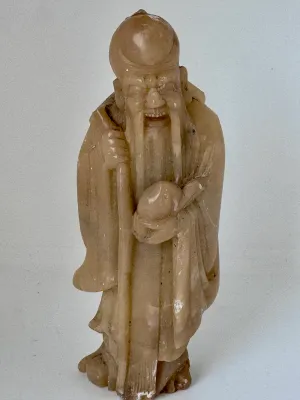Vintage Chinese Hand-Carved Soapstone Shou Lao Figurine