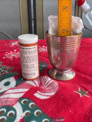 Vintage Polident Powder Sample Bottle & Silver-Tone Metal Cup