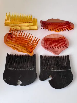 Vintage Hair Combs Collection - Celluloid, Plastic & Inlaid Horn/Wood - 8 Pcs