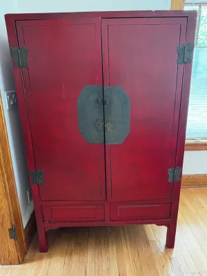 Antique Chinese Red Lacquer Wedding Cabinet with Brass Hardware